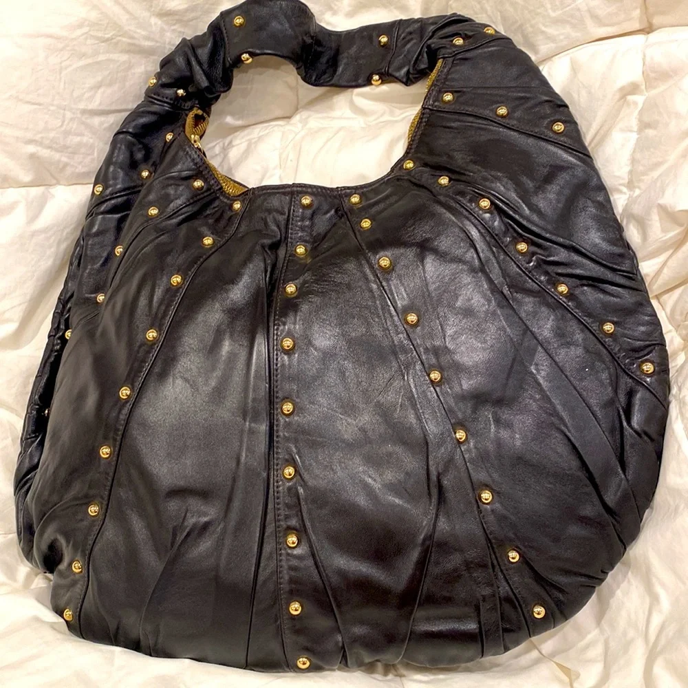 GOLDENBLEU black leather purse semi circular bag with gold tone studs all over